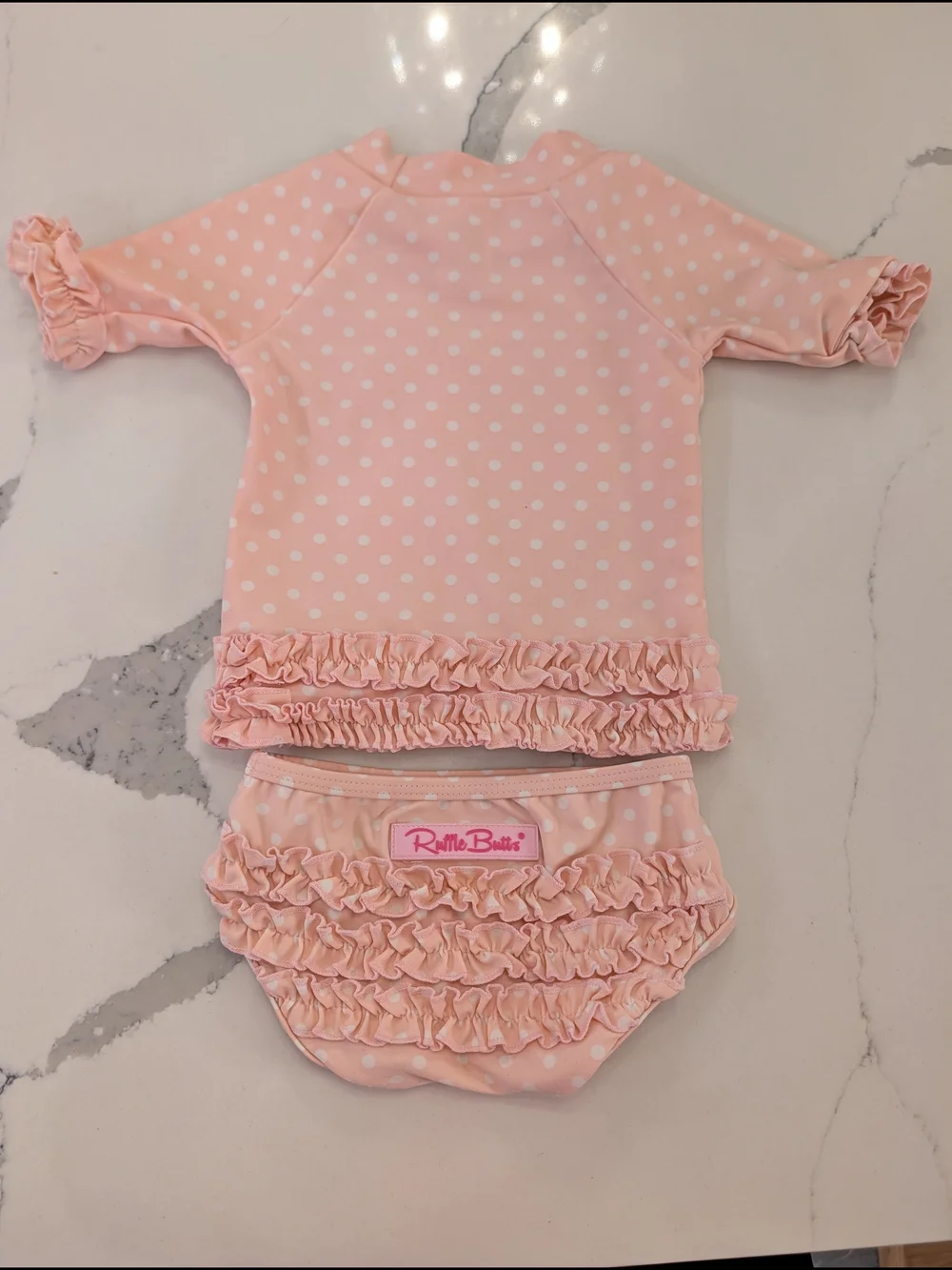 Ruffle Butts Baby Girls Swim Suit Pink Polka Dot with Ruffle Hem